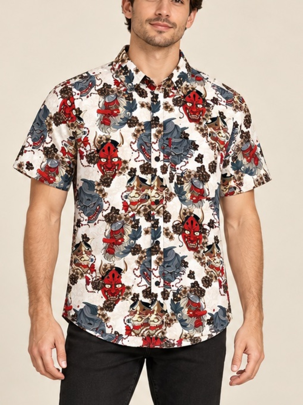 Japanese Oni Hannya Mask Floral Tengu Graphics Button Up Shirt Men’s L DNICON